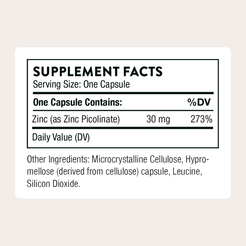 THORNE Zinc Picolinate capsules pictured for general wellness and absorption.