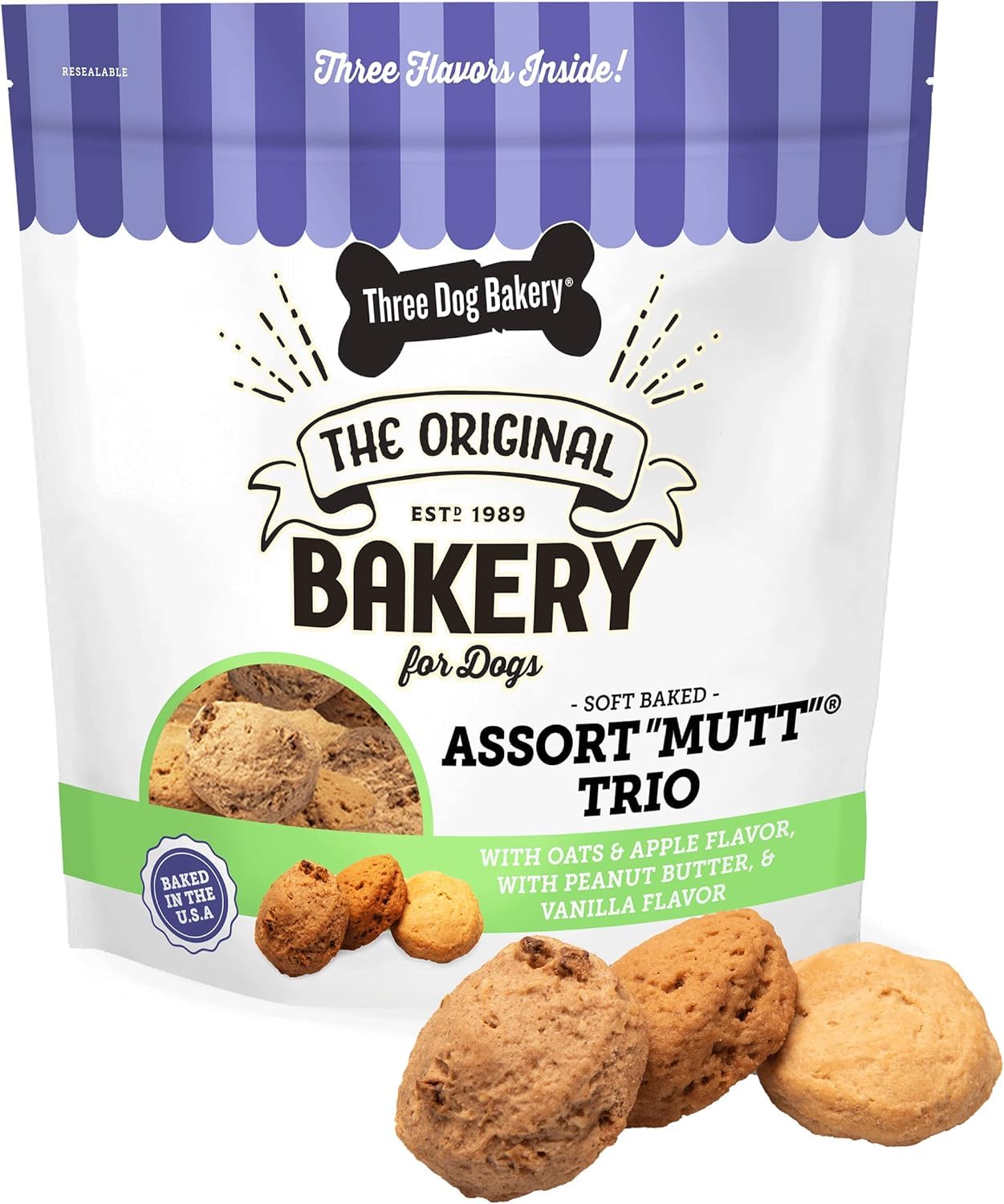 Three Dog Bakery emballage refermable pour friandises Mutt Trio et facilité d’accès