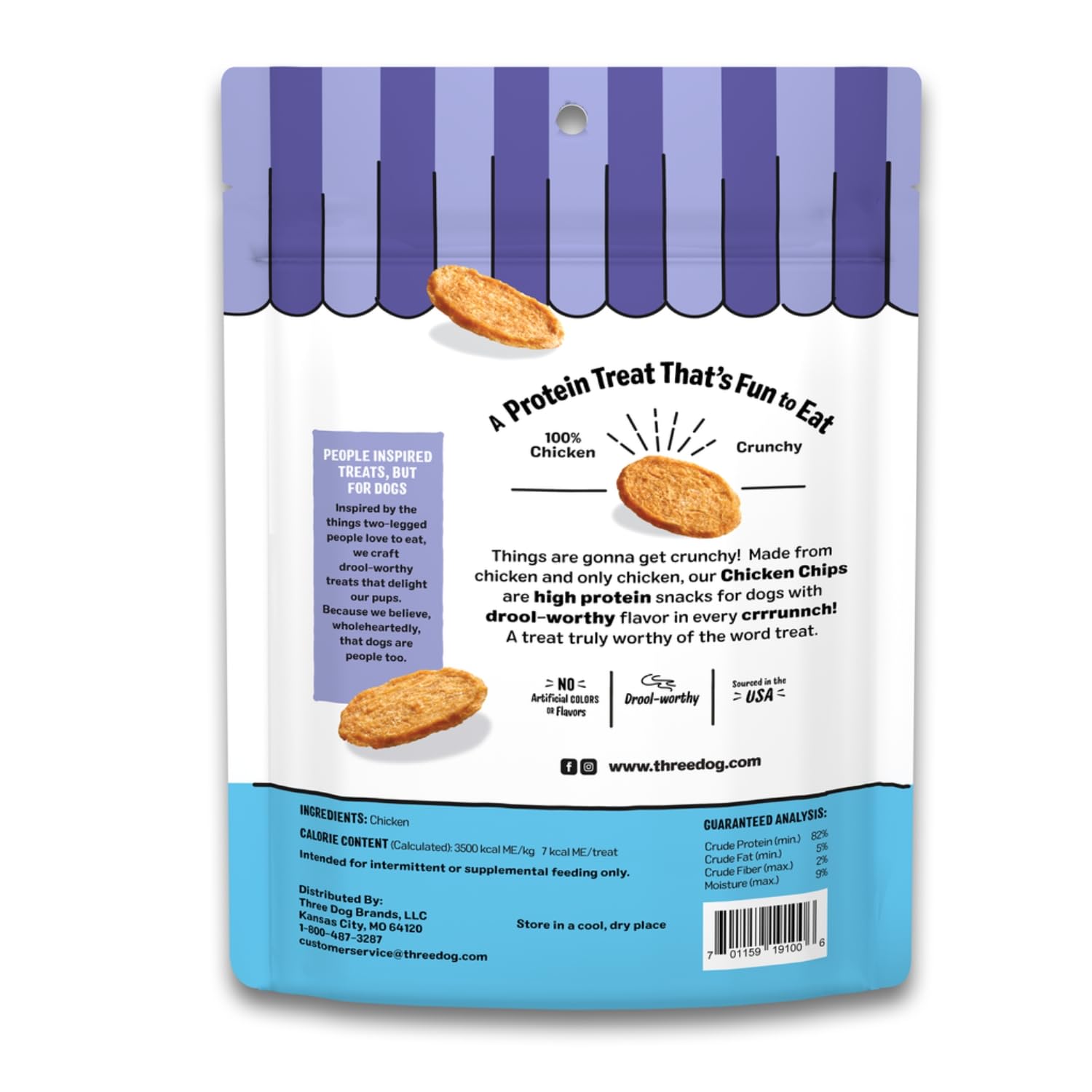 Three Dog Bakery Bark'N Crunch Chicken Chips aroma-crunch highlights savory chicken scent and satisfying crunch.