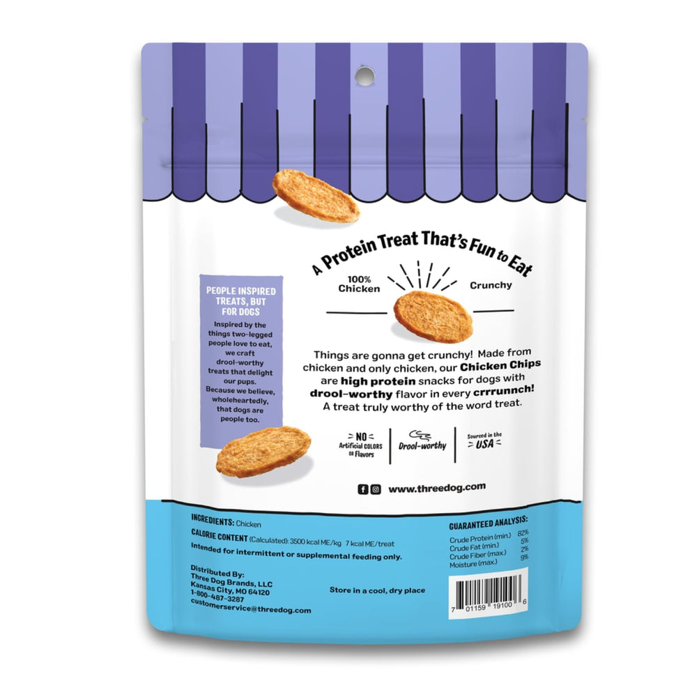 Three Dog Bakery Bark'N Crunch Chicken Chips aroma-crunch highlights savory chicken scent and satisfying crunch.