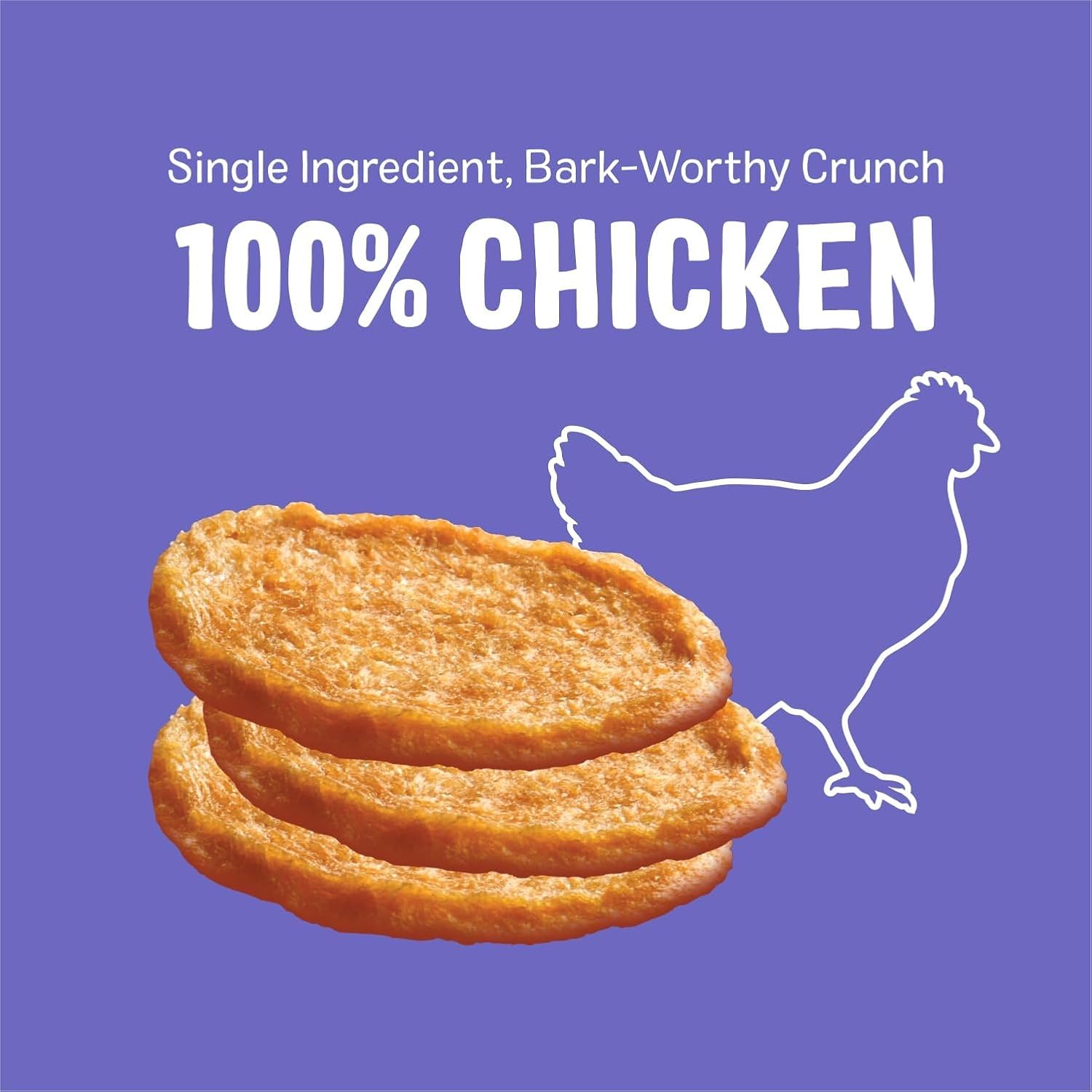 Three Dog Bakery Bark'N Crunch Chicken Chips bag-size display shows convenient portions for families.