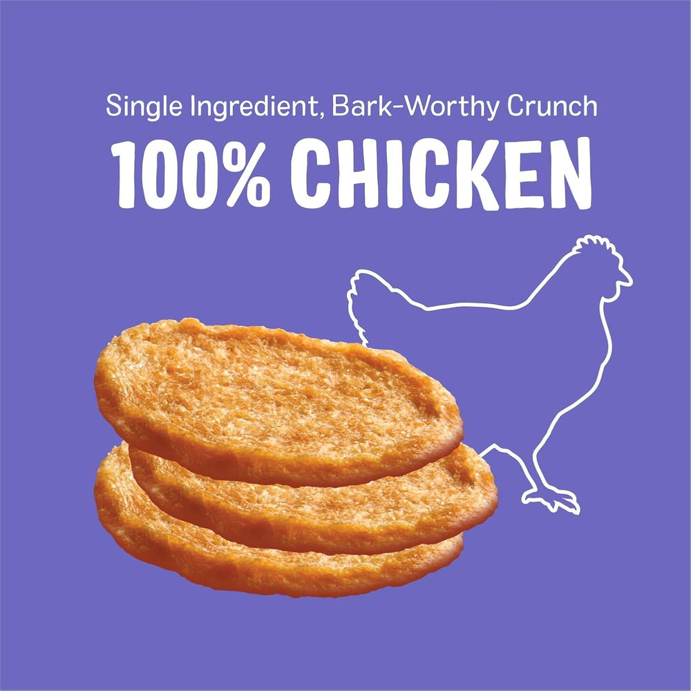 Three Dog Bakery Bark'N Crunch Chicken Chips bag-size display shows convenient portions for families.