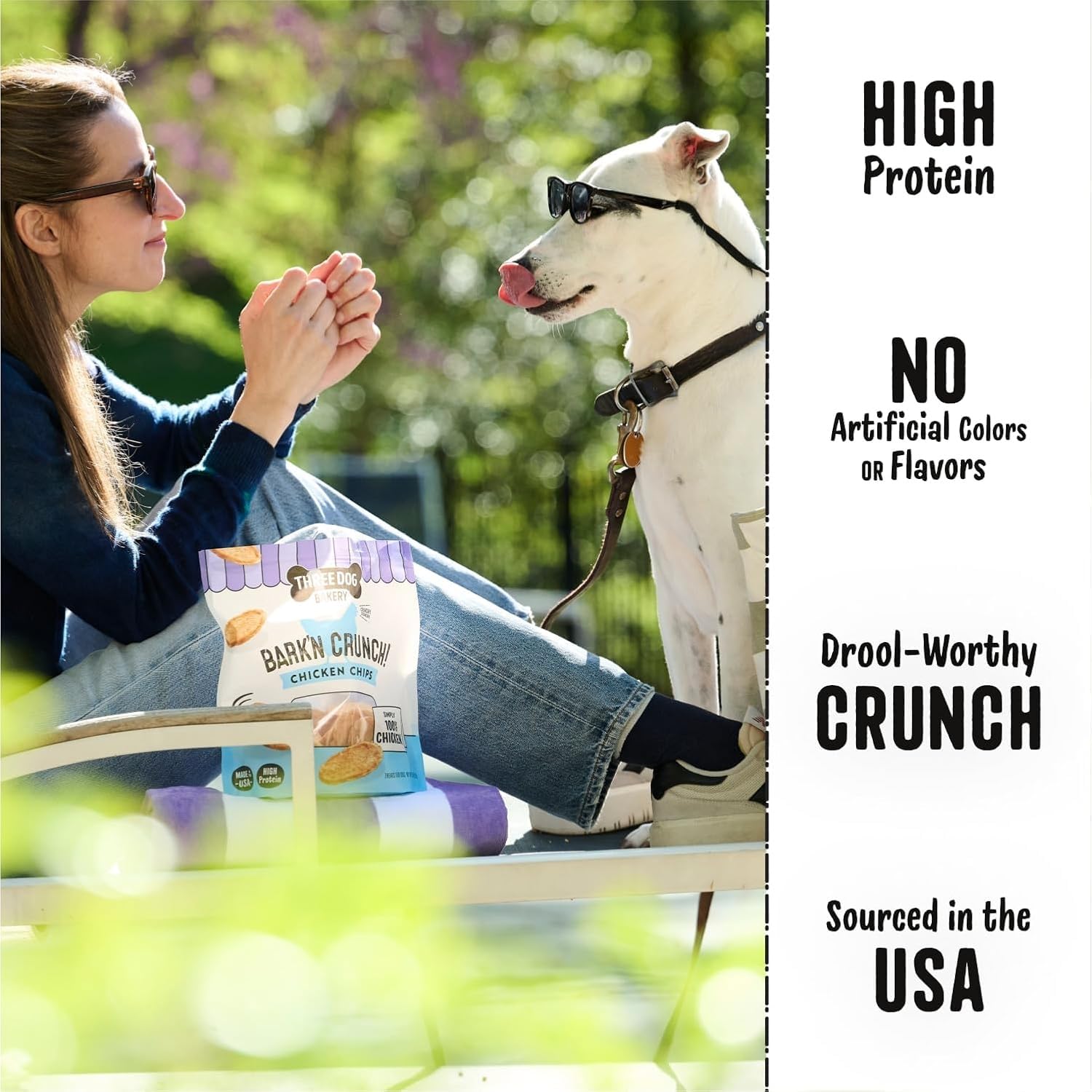 Three Dog Bakery Bark'N Crunch Chicken Chips training-reward shot emphasizes easy portioning.