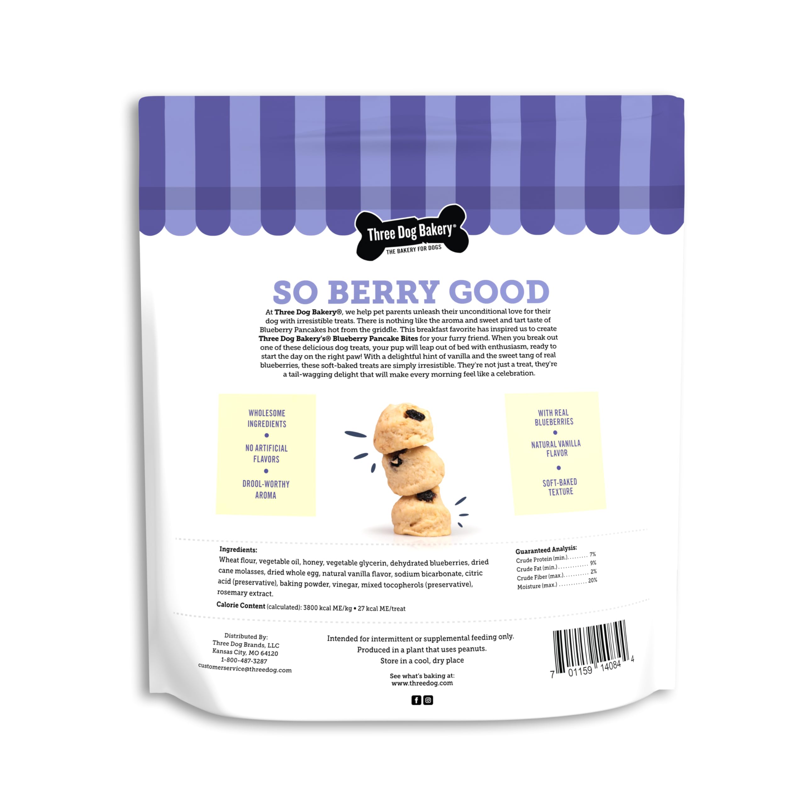 Three Dog Bakery Blueberry Pancake Bites closeup with real blueberries and natural flavor