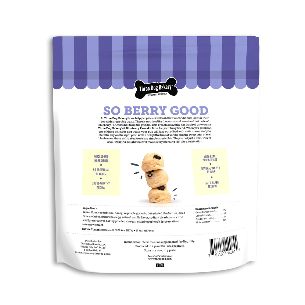 Three Dog Bakery Blueberry Pancake Bites closeup with real blueberries and natural flavor