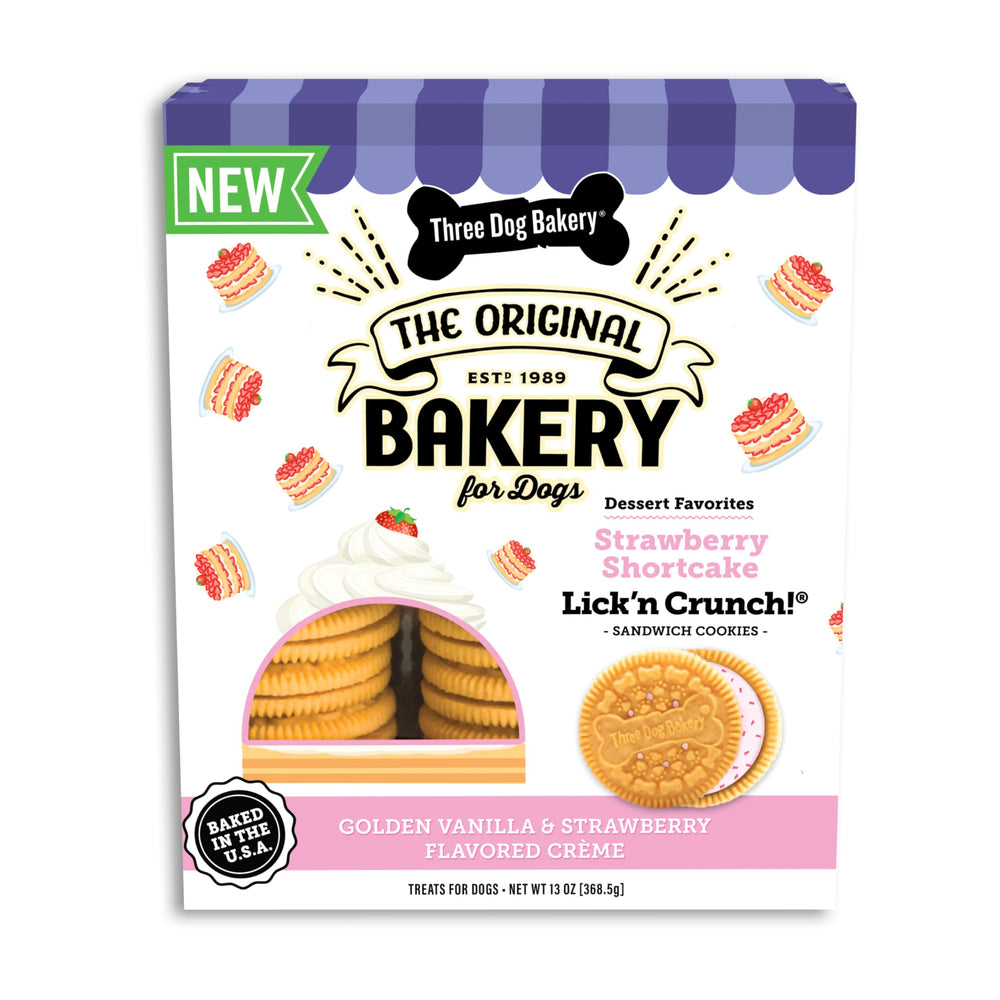Three Dog Bakery Lick’n Crunch strawberry shortcake bag shows a tasty dog treat option for dogs