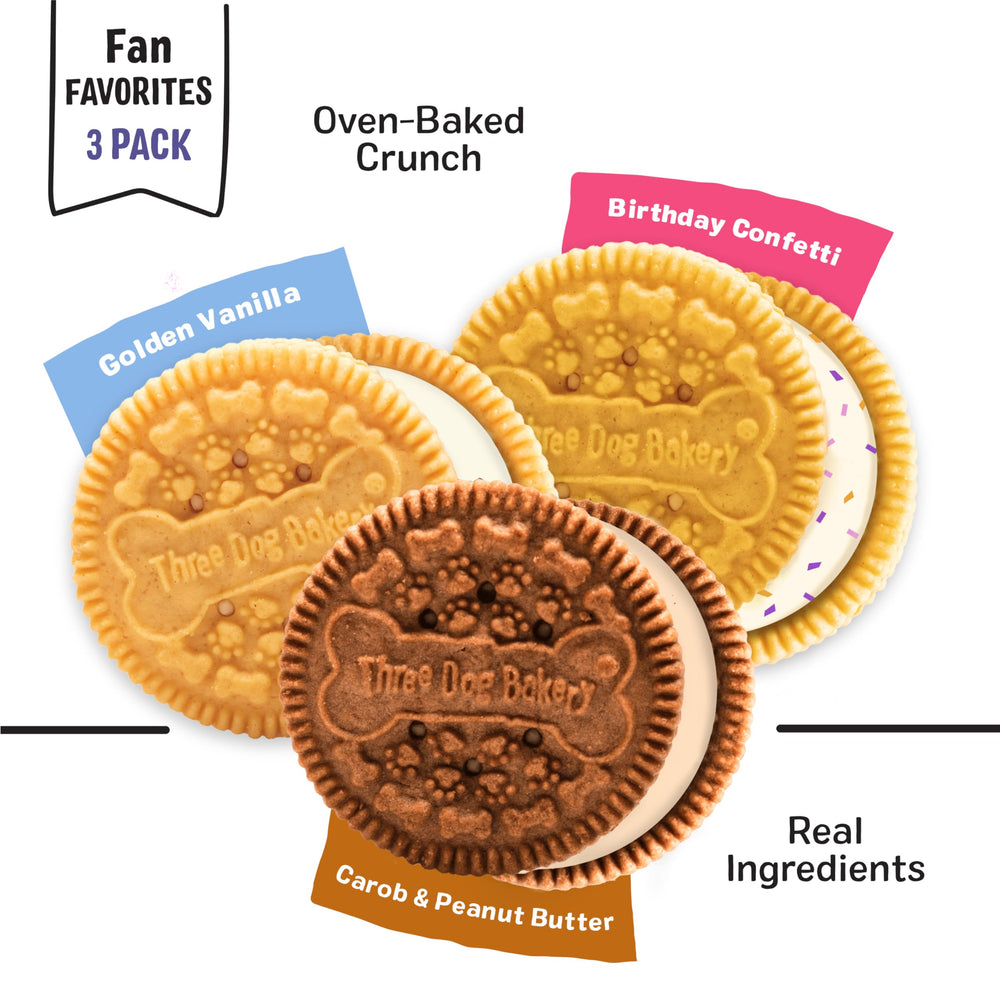 Three Dog Bakery Peanut Butter Carob cookie, crunchy reward dogs love after walks