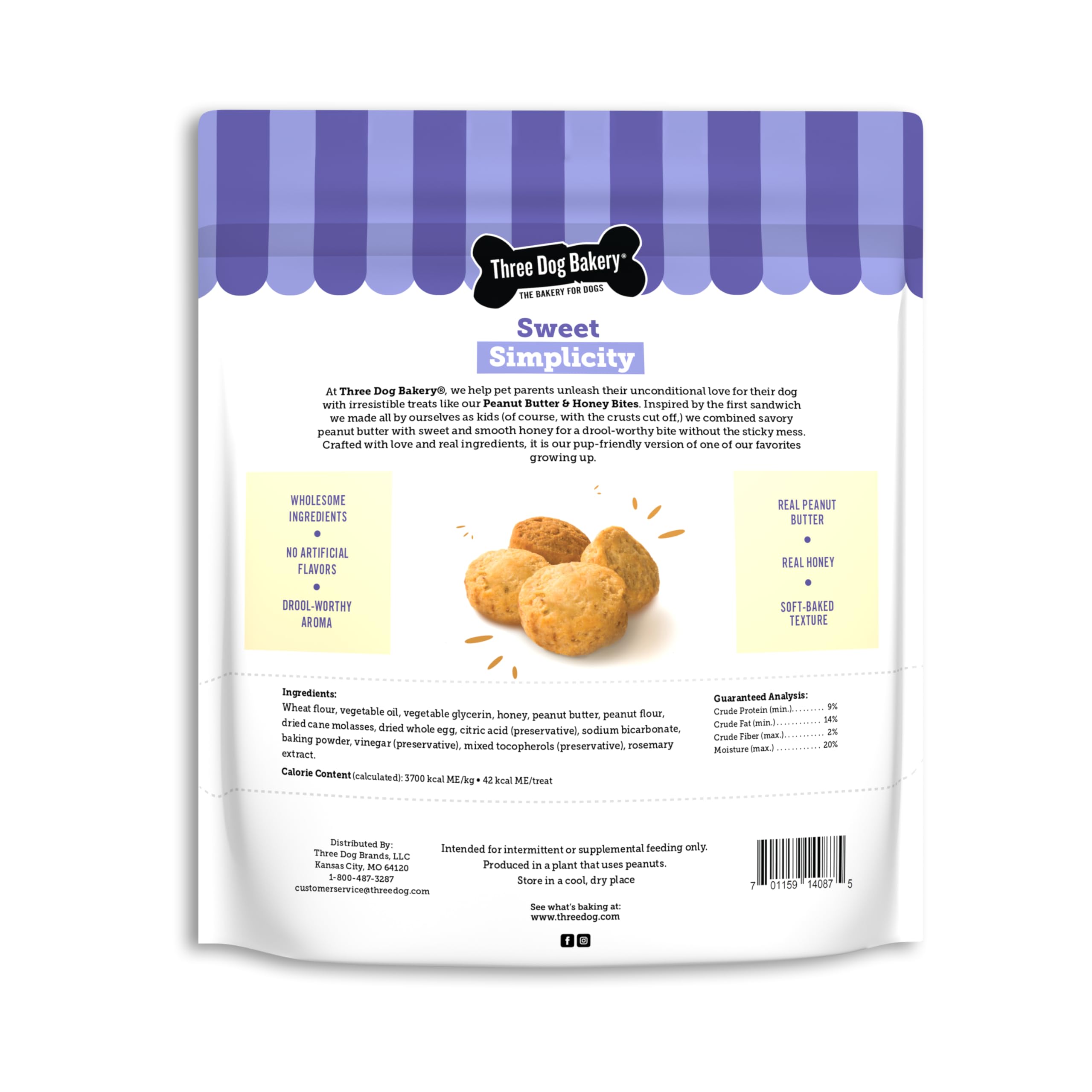Close-up of Three Dog Bakery PB&Honey Bites showing soft texture.