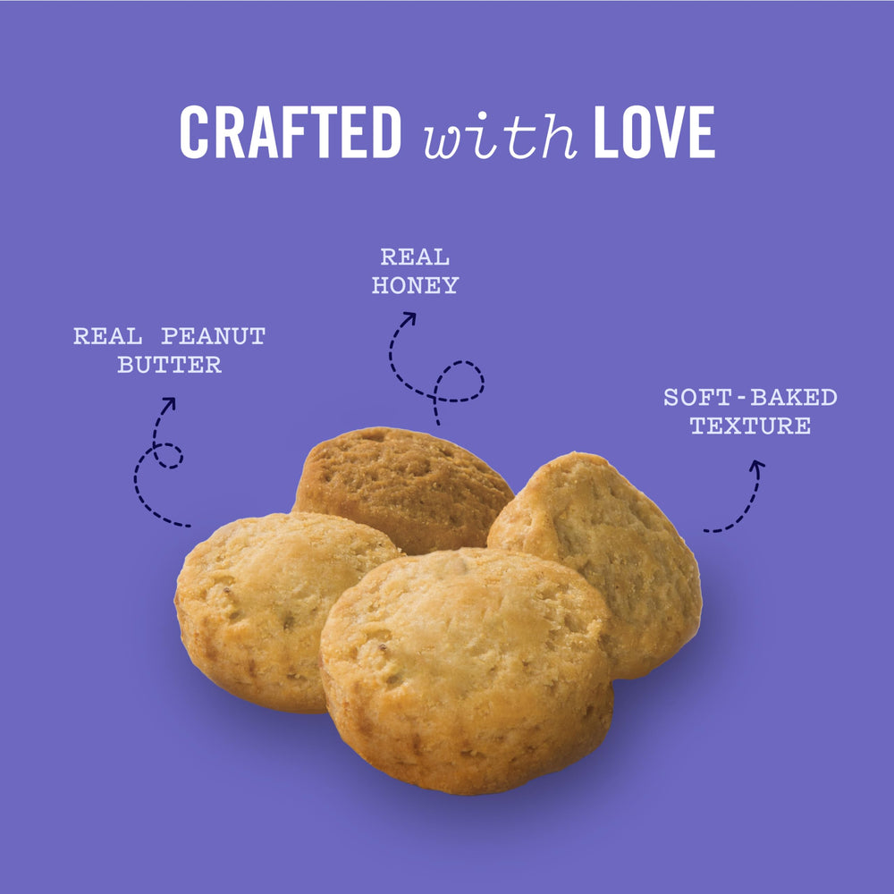 Three Dog Bakery PB&Honey Bites show soft texture for gentle chewing.