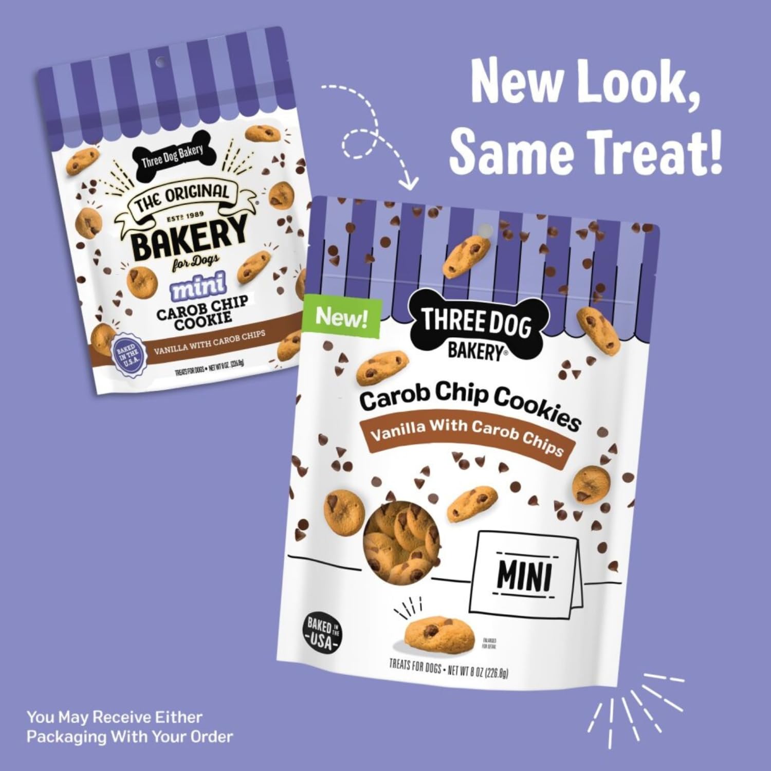 Close-up of Three Dog Bakery cookies showing real ingredients and vanilla-carob flavors.