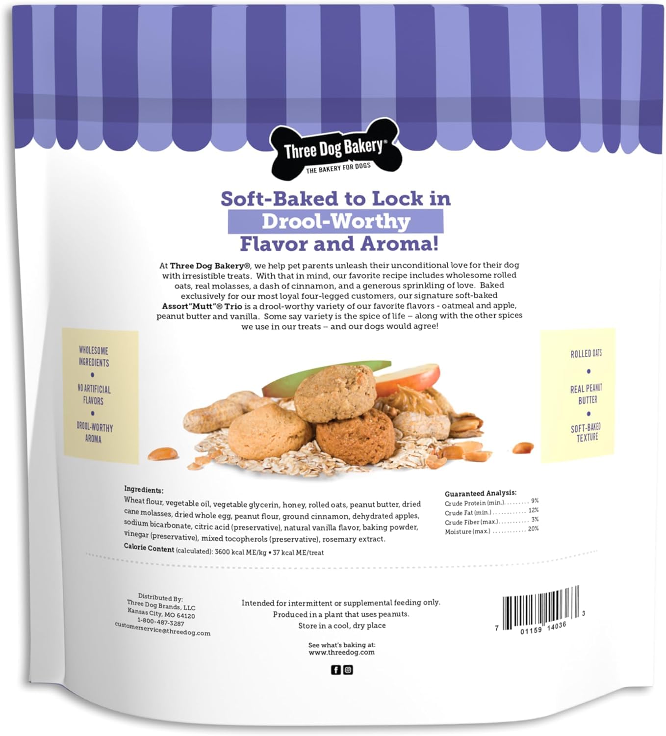 Three Dog Bakery saveurs avoine pomme cacahuète vanille cannelle attrayantes