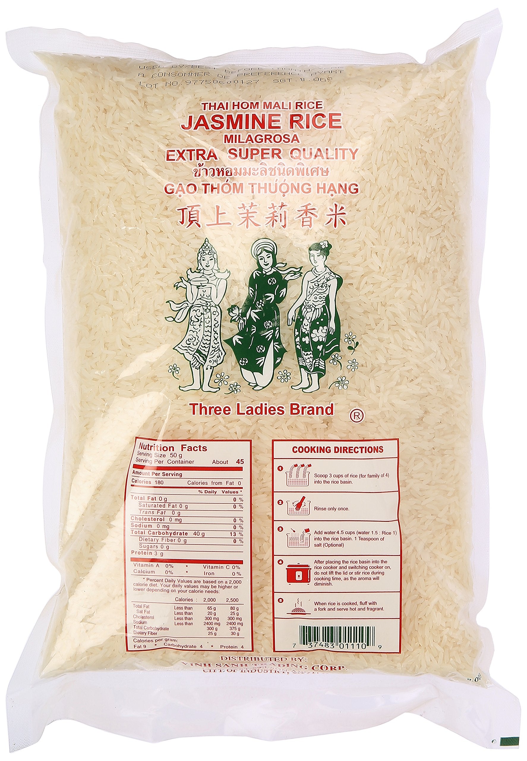 Three Ladies Jasmine rice raw grains with long, slender kernels ideal for steaming.
