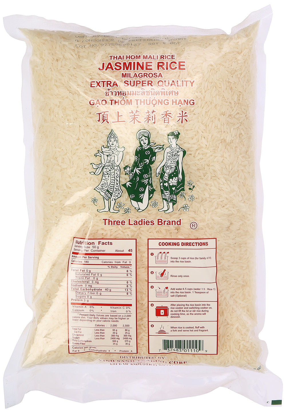 Three Ladies Jasmine rice raw grains with long, slender kernels ideal for steaming.