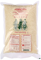 Three Ladies Jasmine rice raw grains with long, slender kernels ideal for steaming.
