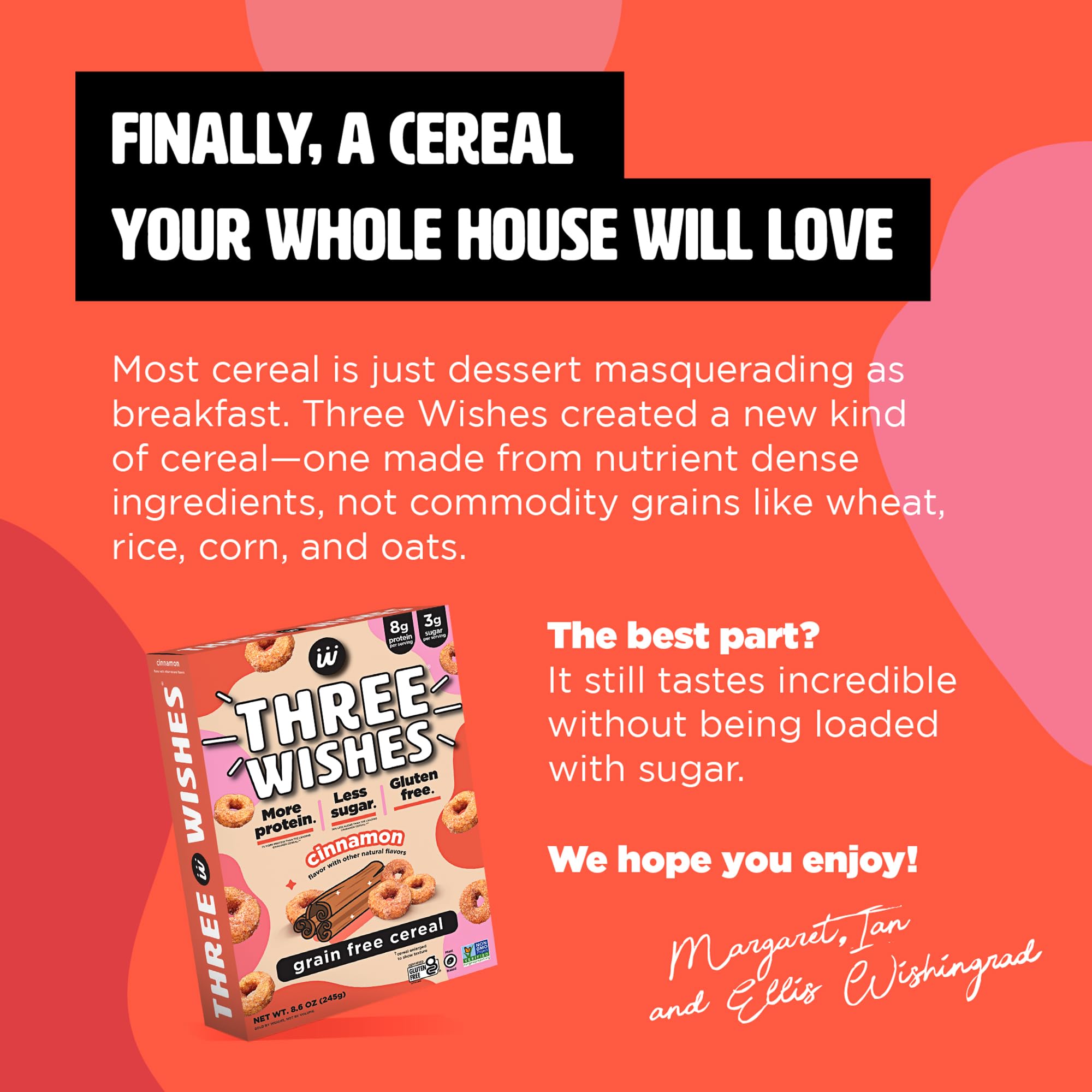 Three Wishes Cinnamon grain-free cereal 6-pack display for family-friendly breakfast