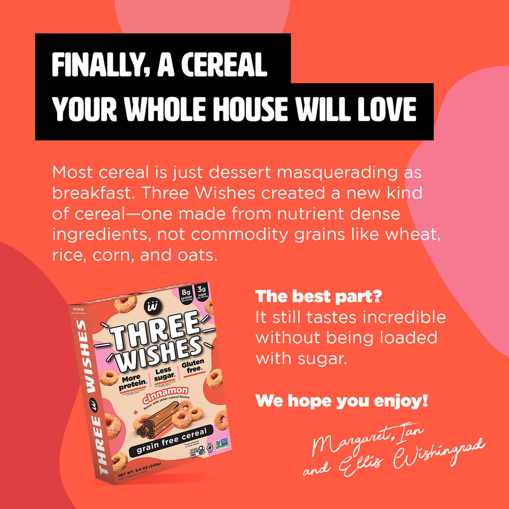 Three Wishes Cinnamon grain-free cereal 6-pack display for family-friendly breakfast
