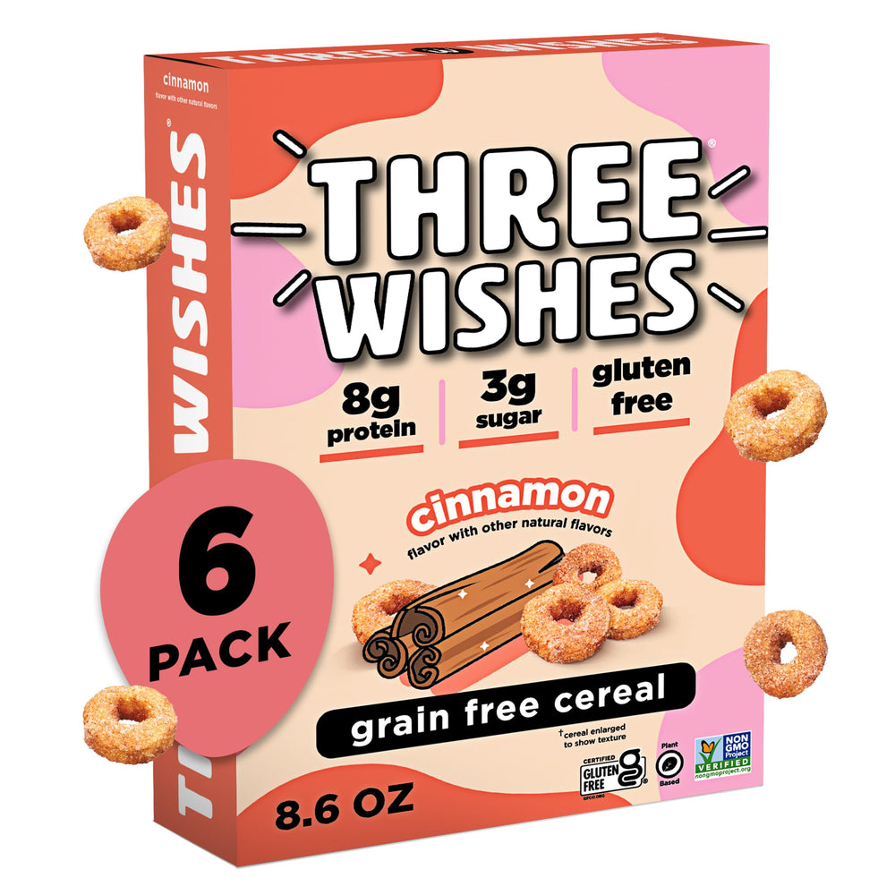Three Wishes Cinnamon grain-free cereal box highlights gluten-free breakfast option