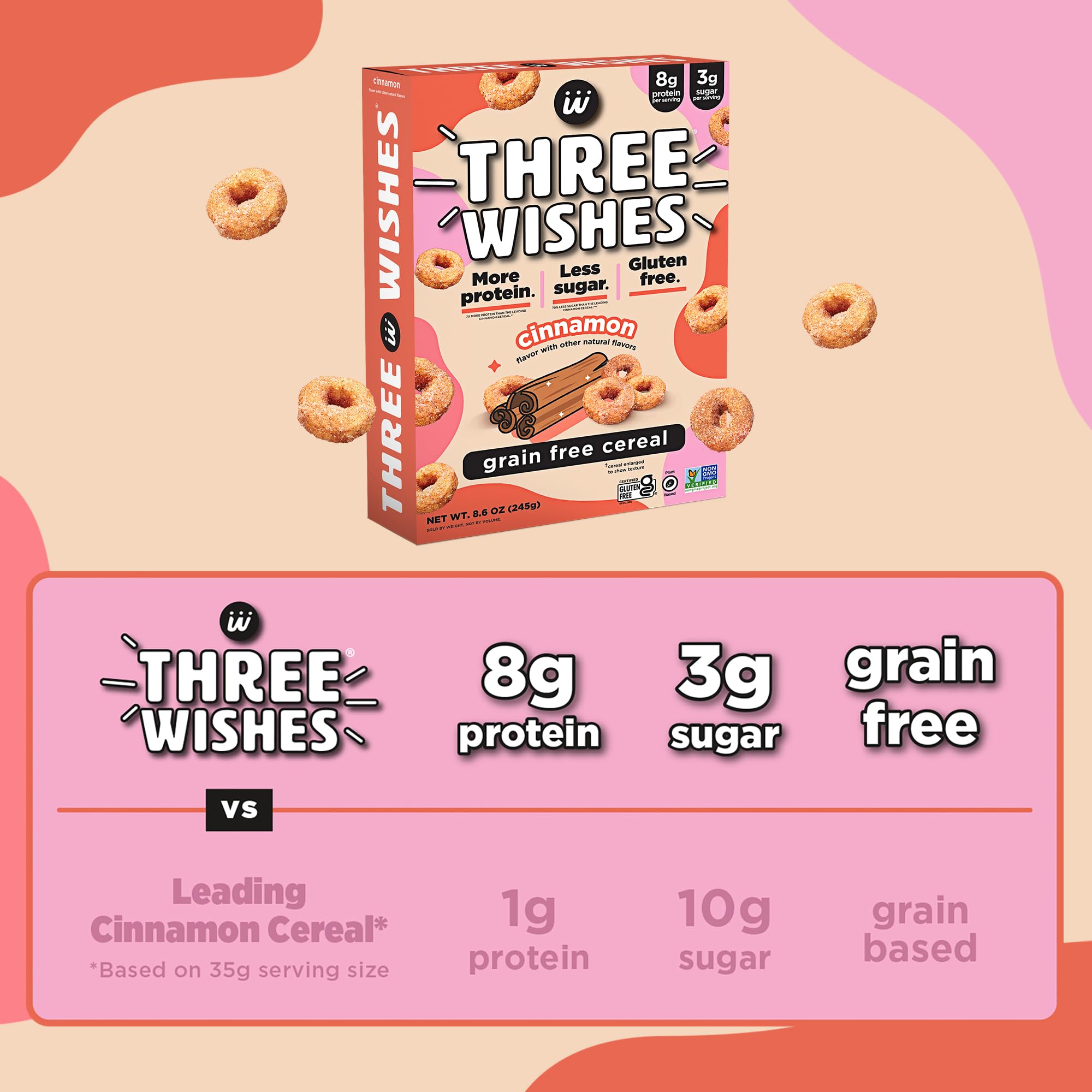 Three Wishes Cinnamon grain-free cereal dry ingredients close-up highlights plant-based nutrition