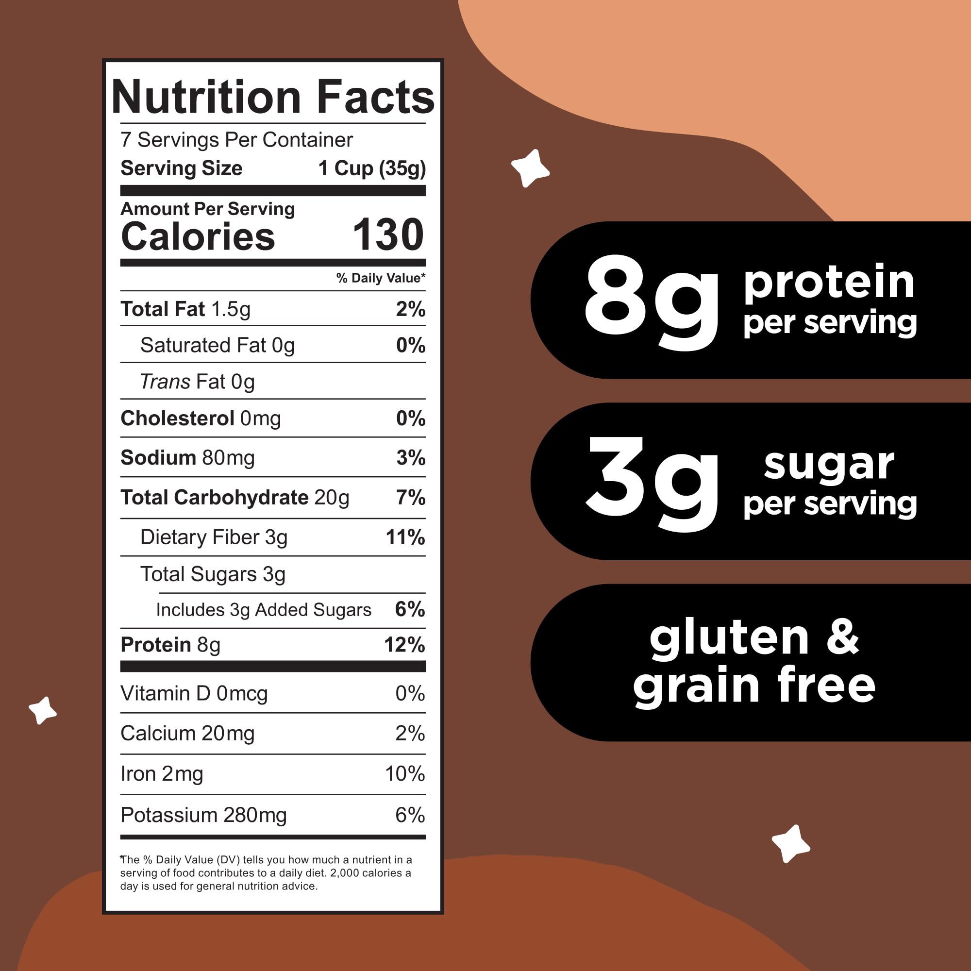 Three Wishes Cocoa cereal box pack shot emphasizes gluten-free, vegan, non-GMO packaging