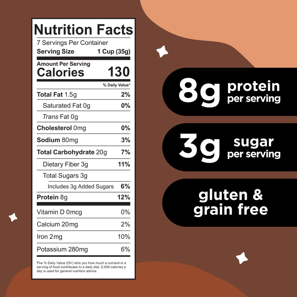Three Wishes Cocoa cereal box pack shot emphasizes gluten-free, vegan, non-GMO packaging