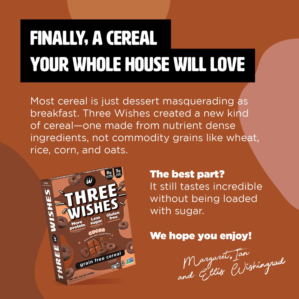 Three Wishes Cocoa cereal kitchen scene suggests quick morning prep