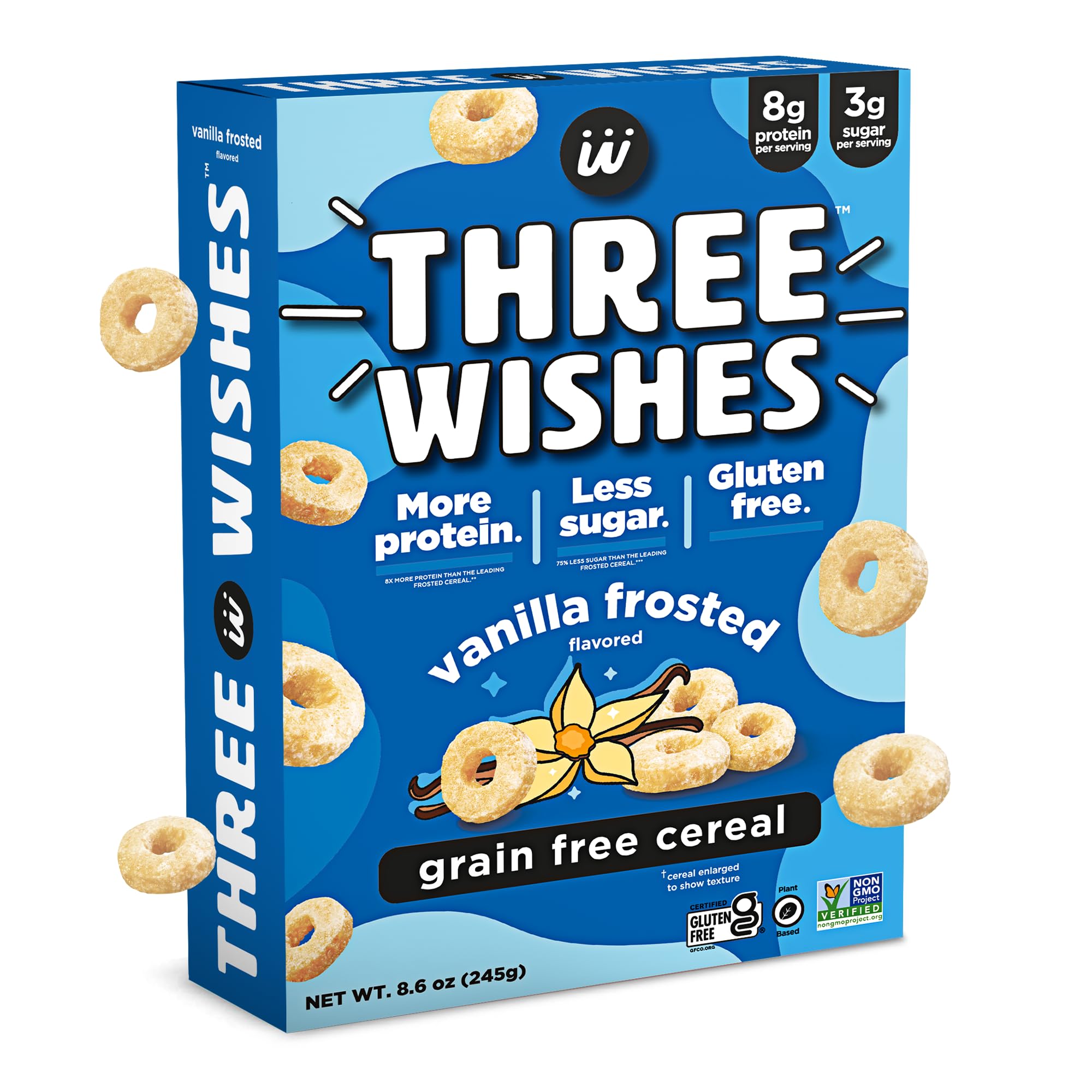 Three Wishes Frosted cereal box front highlights gluten-free packaging.