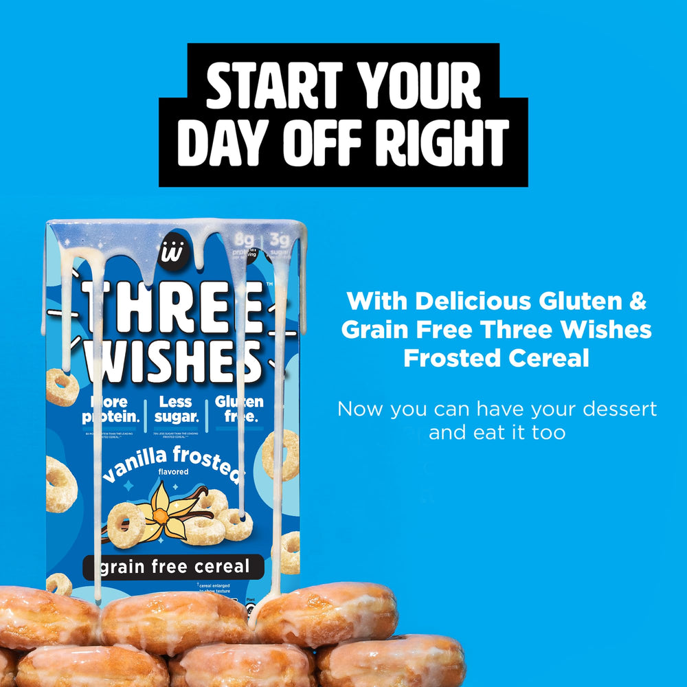 Close-up of Three Wishes Frosted cereal texture with frosted coating for a satisfying plant-based breakfast.