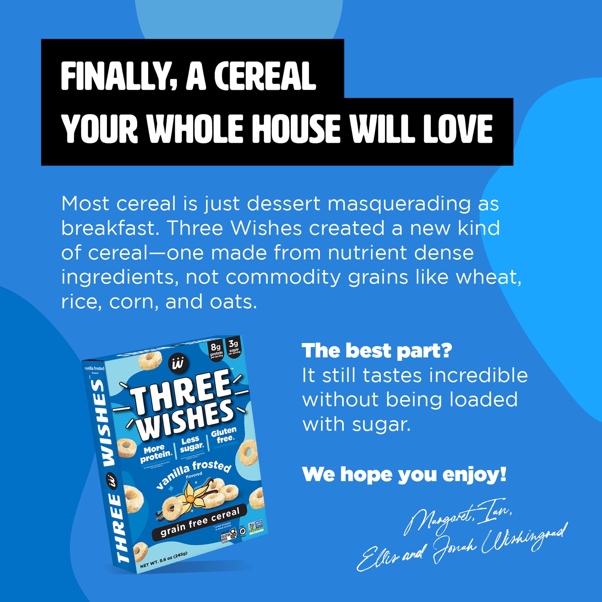 Three Wishes Frosted cereal on kitchen counter ready for a quick plant-powered breakfast.