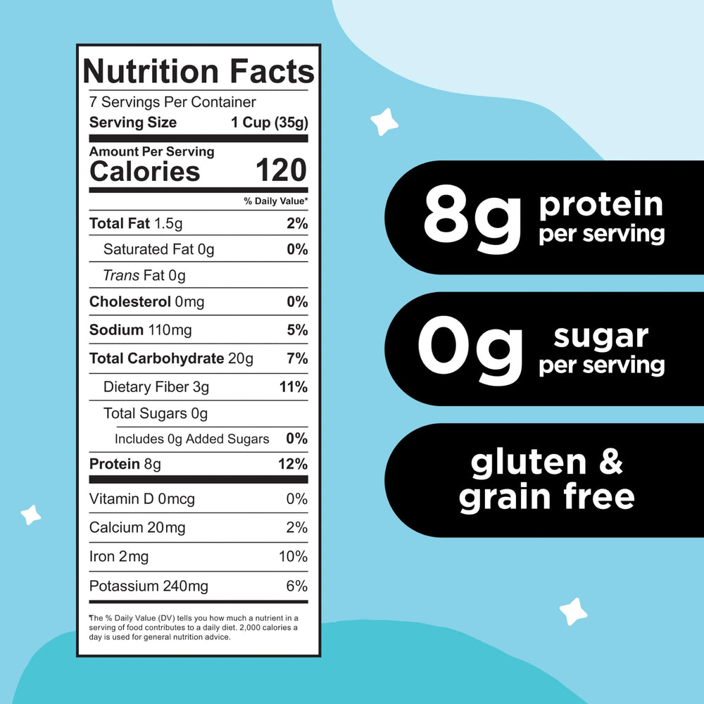 Three Wishes cereal serving reveals 8g protein for a satisfying breakfast.