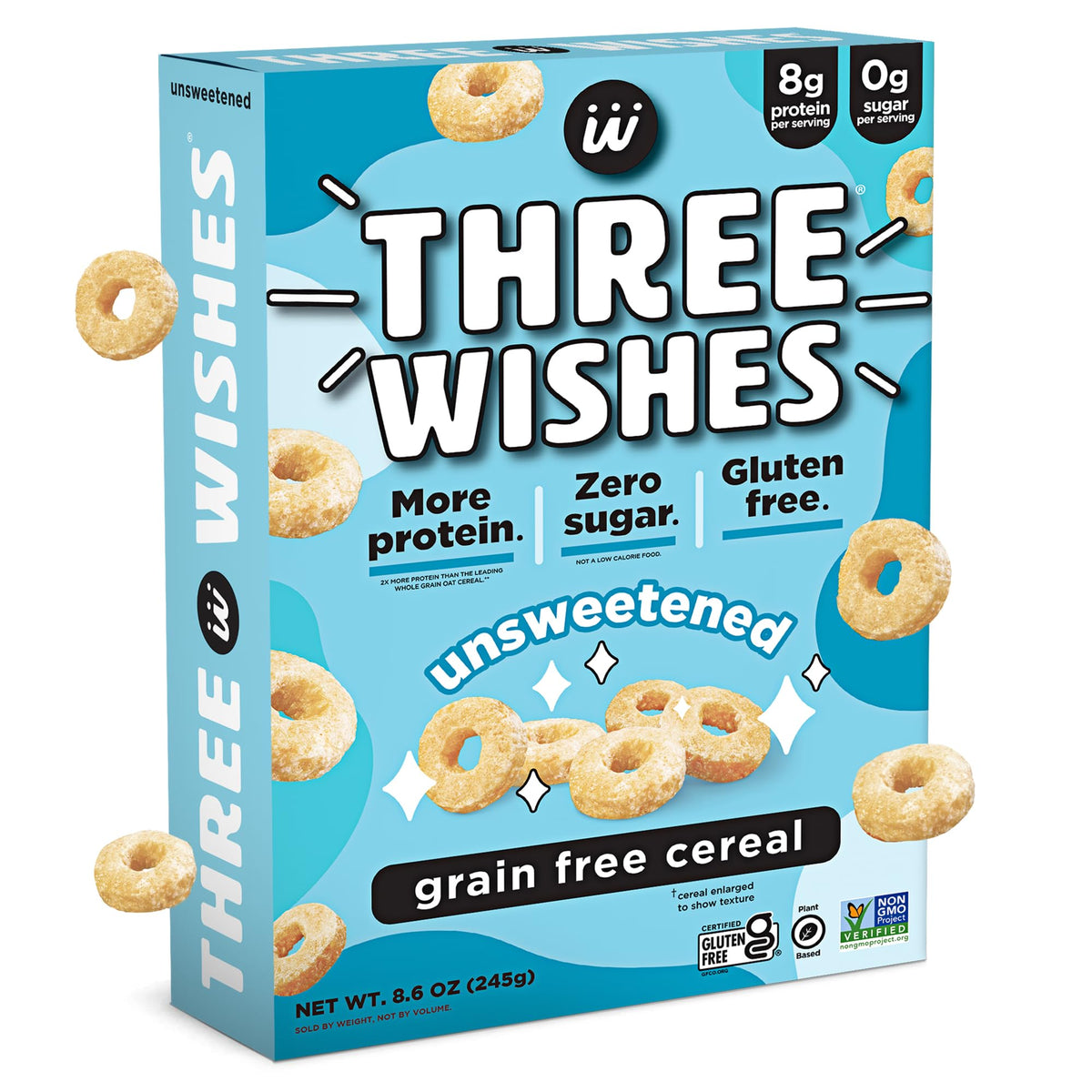 Three Wishes unsweetened cereal in a bowl with milk, a gluten-free breakfast option.