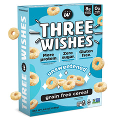 Three Wishes unsweetened cereal in a bowl with milk, a gluten-free breakfast option.