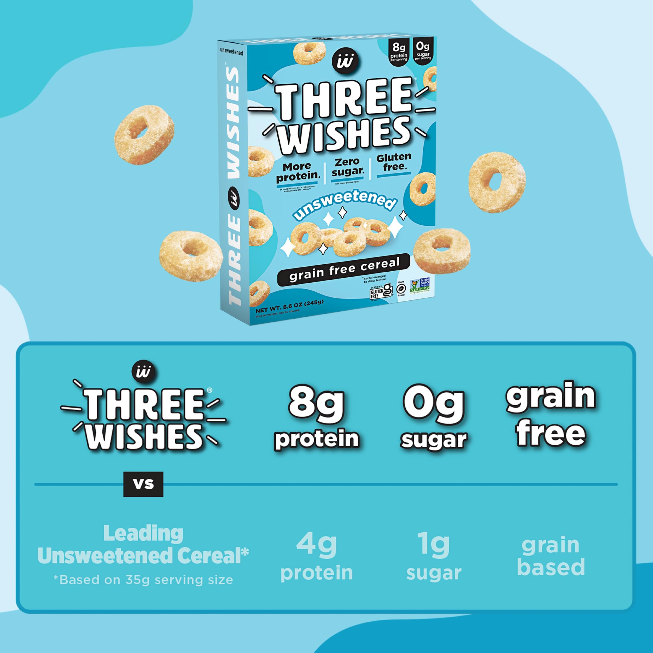 Three Wishes vegan gluten-free pack showcases clean plant-based ingredients.