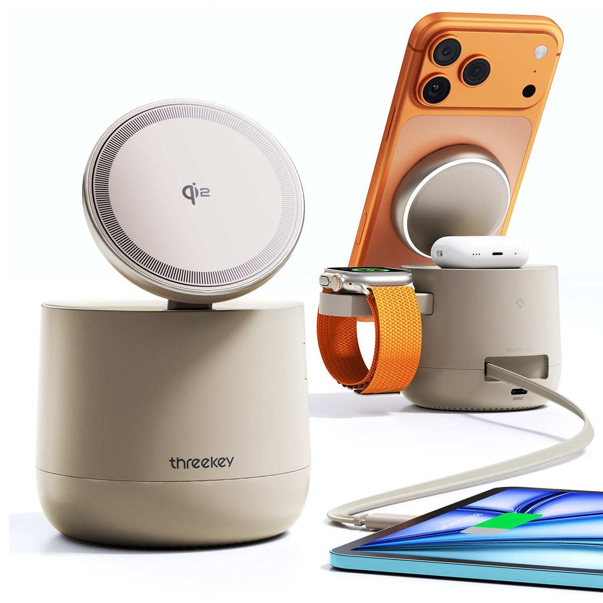 ThreeKey MFI-certified 4-in-1 MagSafe charger dock delivering fast, safe charging for iPhone, Watch, AirPods.