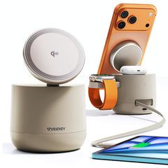 ThreeKey MFI-certified 4-in-1 MagSafe charger dock delivering fast, safe charging for iPhone, Watch, AirPods.