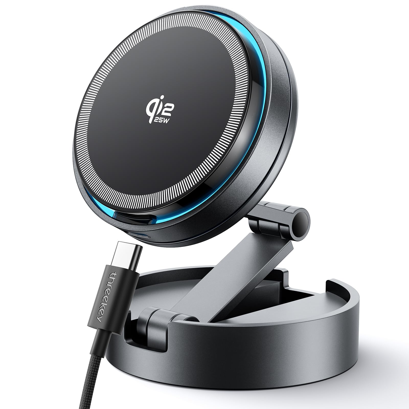 THREEKEY Qi2 25W MagSafe car charger on mount for fast in-car charging.