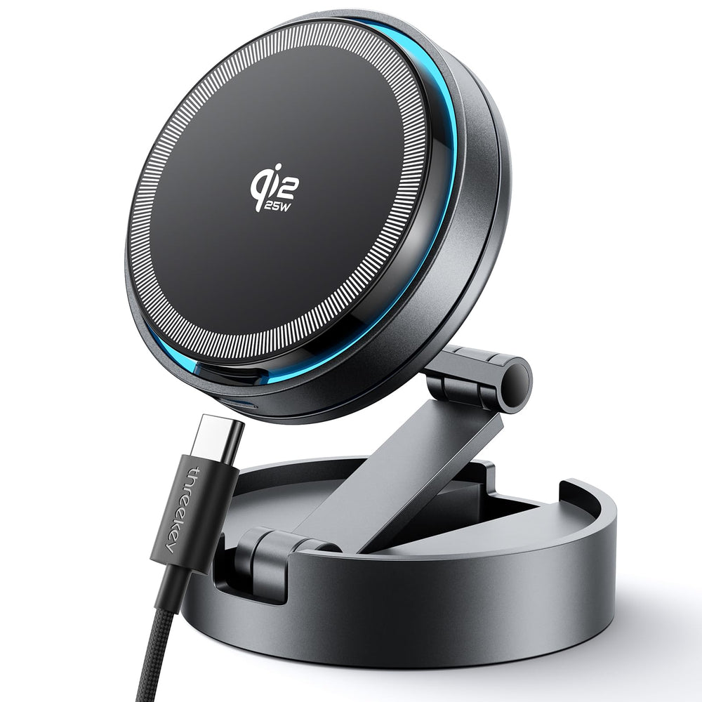 THREEKEY Qi2 25W MagSafe car charger on mount for fast in-car charging.