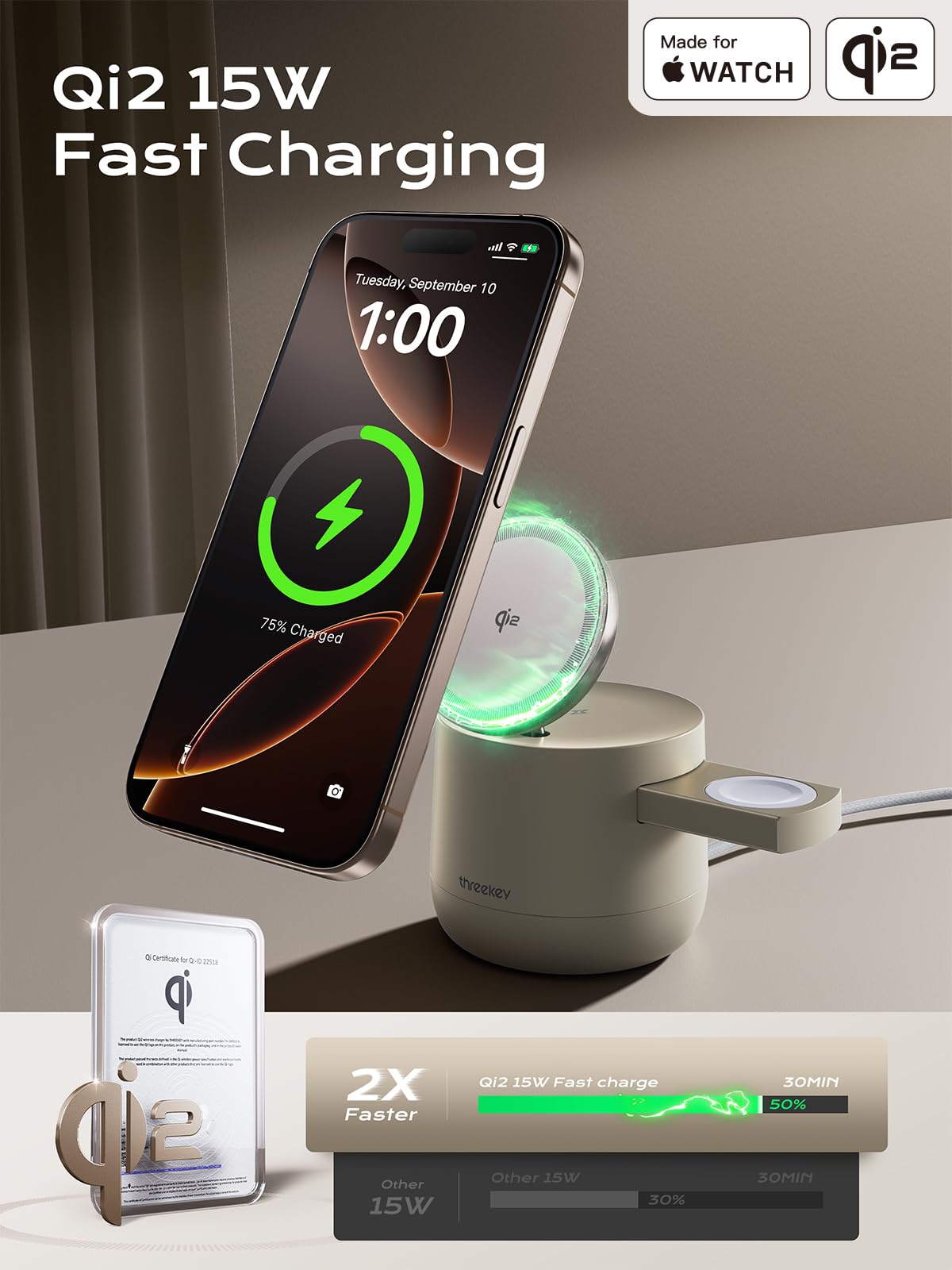 ThreeKey ambient light adds soothing nighttime ambience while charging.