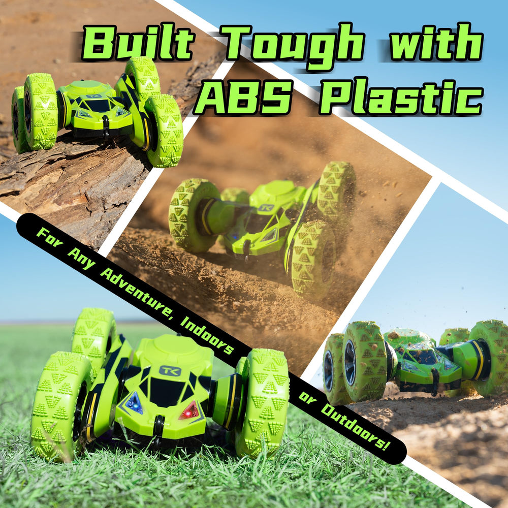Threeking RC flip car green 4WD tires deliver strong grip and smooth rides