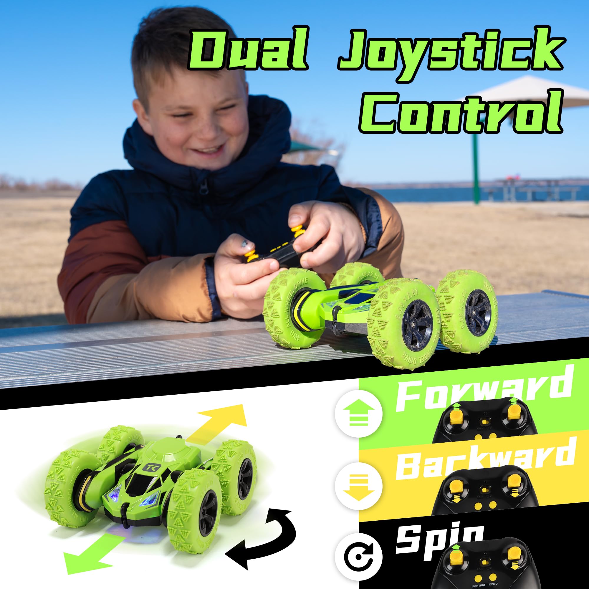 Threeking RC flip car green double-sided design keeps momentum on demanding tricks