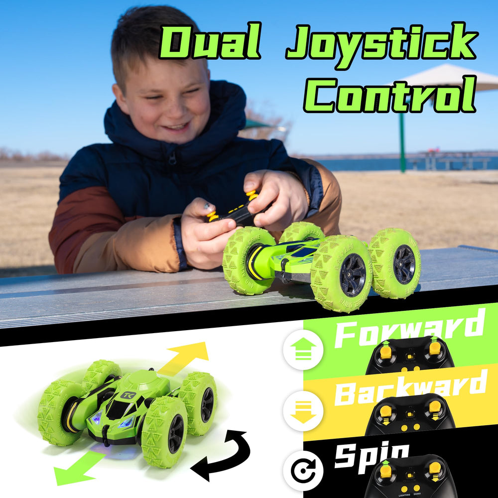 Threeking RC flip car green double-sided design keeps momentum on demanding tricks