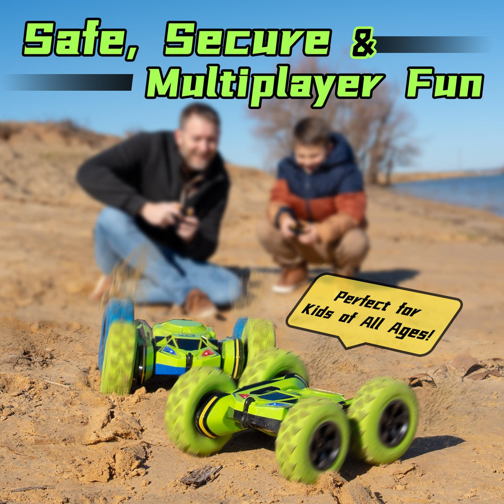 Threeking RC flip car green durable-ABS withstands bumps in rough play