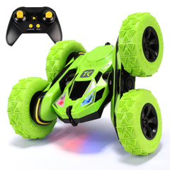 Threeking RC flip car green front view showcases 360-degree stunt capability for indoor play