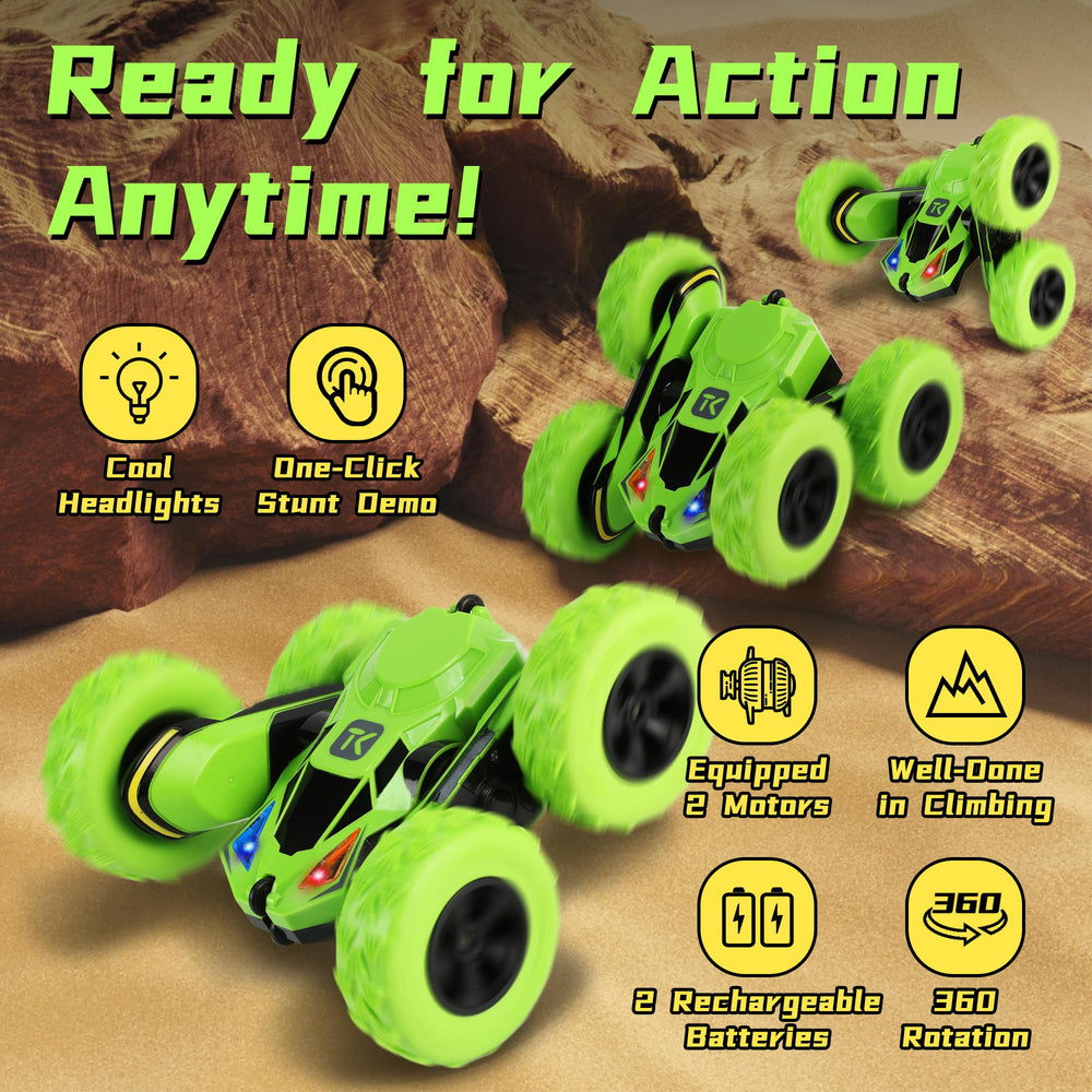 Threeking RC flip car green rear view shows double-sided design for stable control