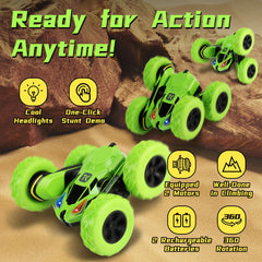 Threeking RC flip car green rear view shows double-sided design for stable control