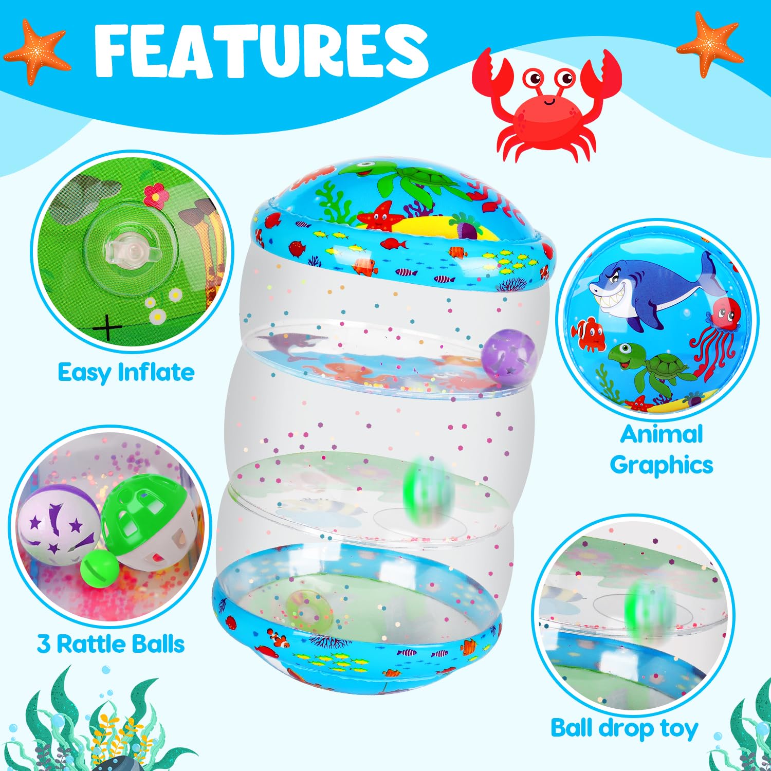 Thremhoo inflatable rolling toy with two rattling balls to encourage exploration.
