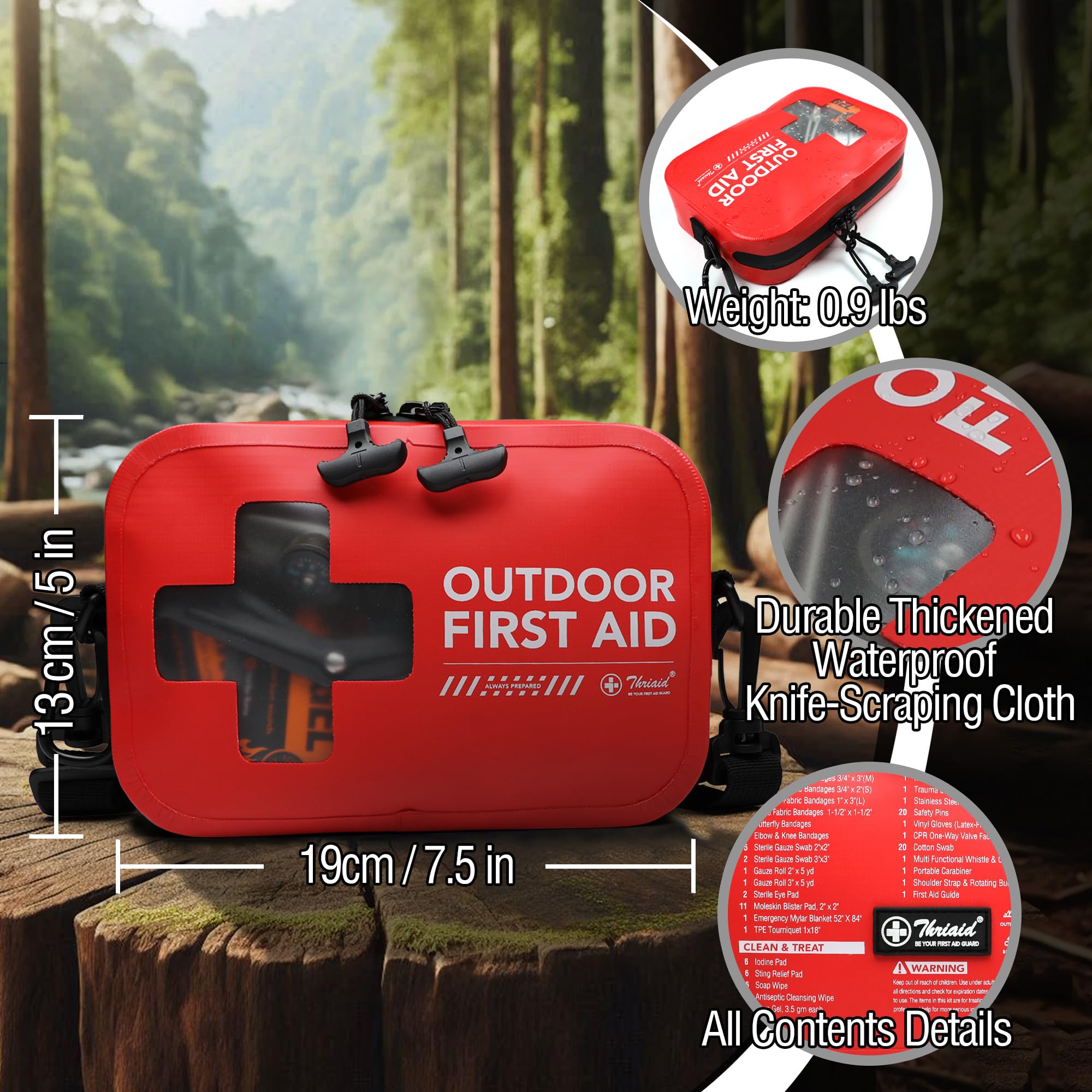 THRIAID 152-Pcs Waterproof First Aid Kit attached to a backpack with carabiner