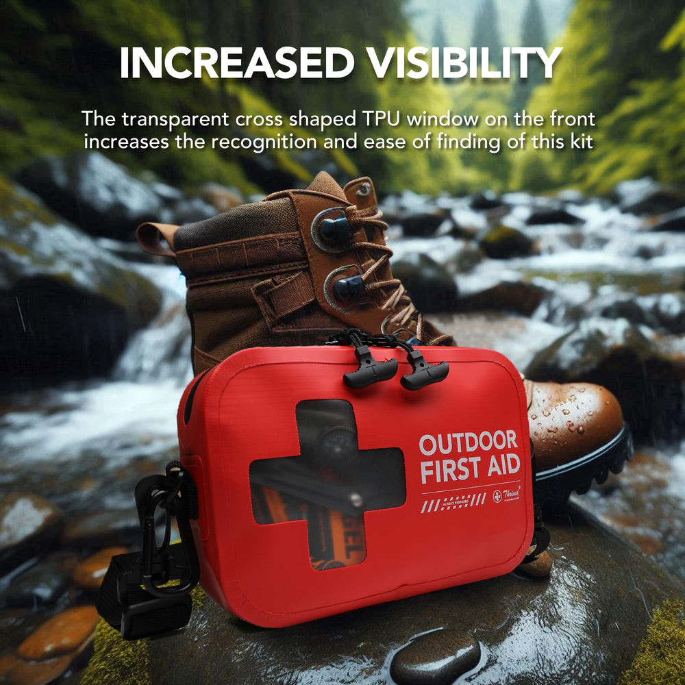 THRIAID 152-Pcs Waterproof First Aid Kit close-up shows rugged fabric and leak-proof coating