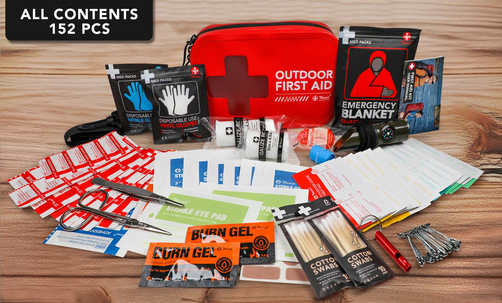 THRIAID 152-Pcs Waterproof First Aid Kit top zipper open demonstrates easy reach during emergencies