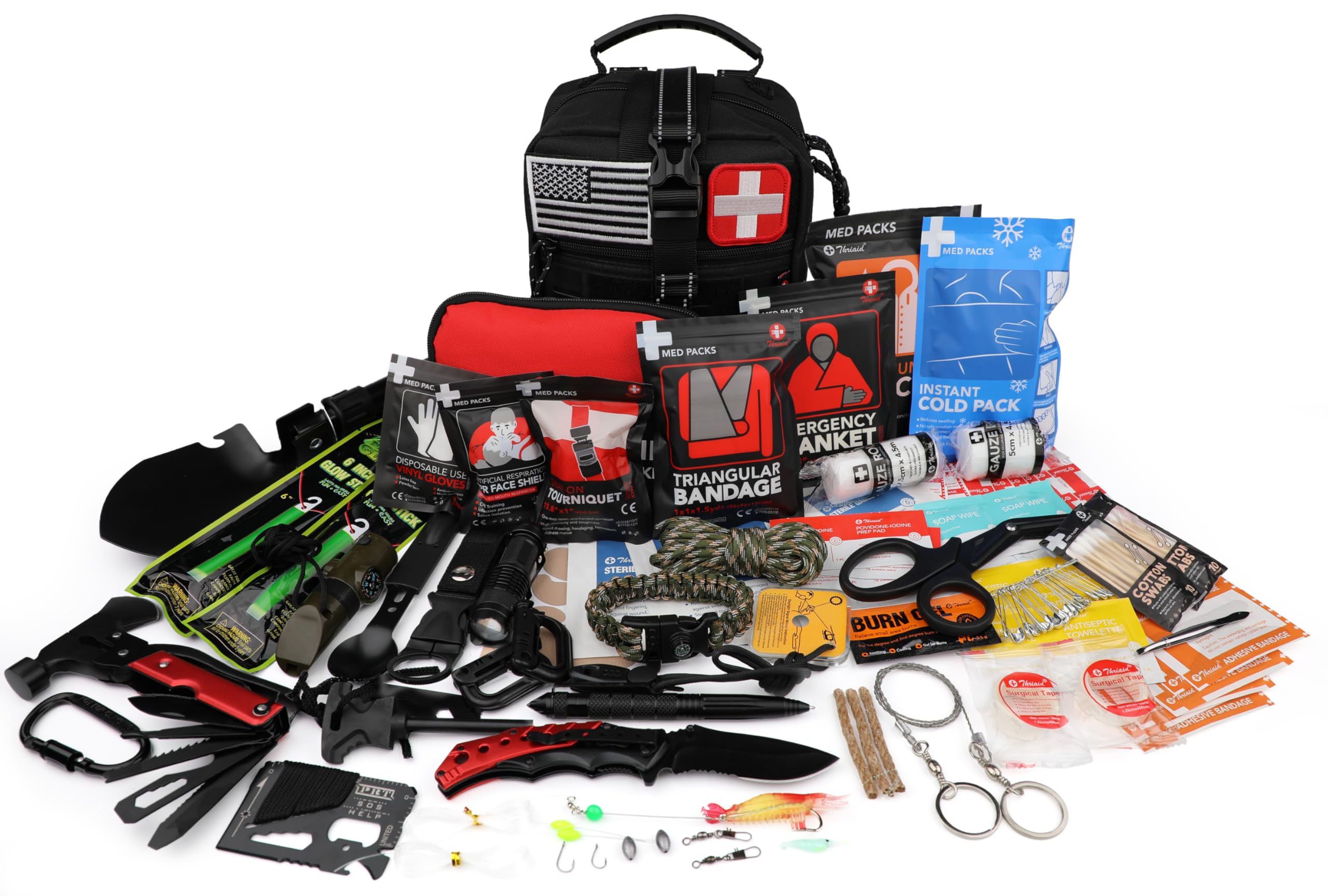 THRIAID Survival Kit compact size 7 by 6 by 9 inches and 4.8 lb weight.