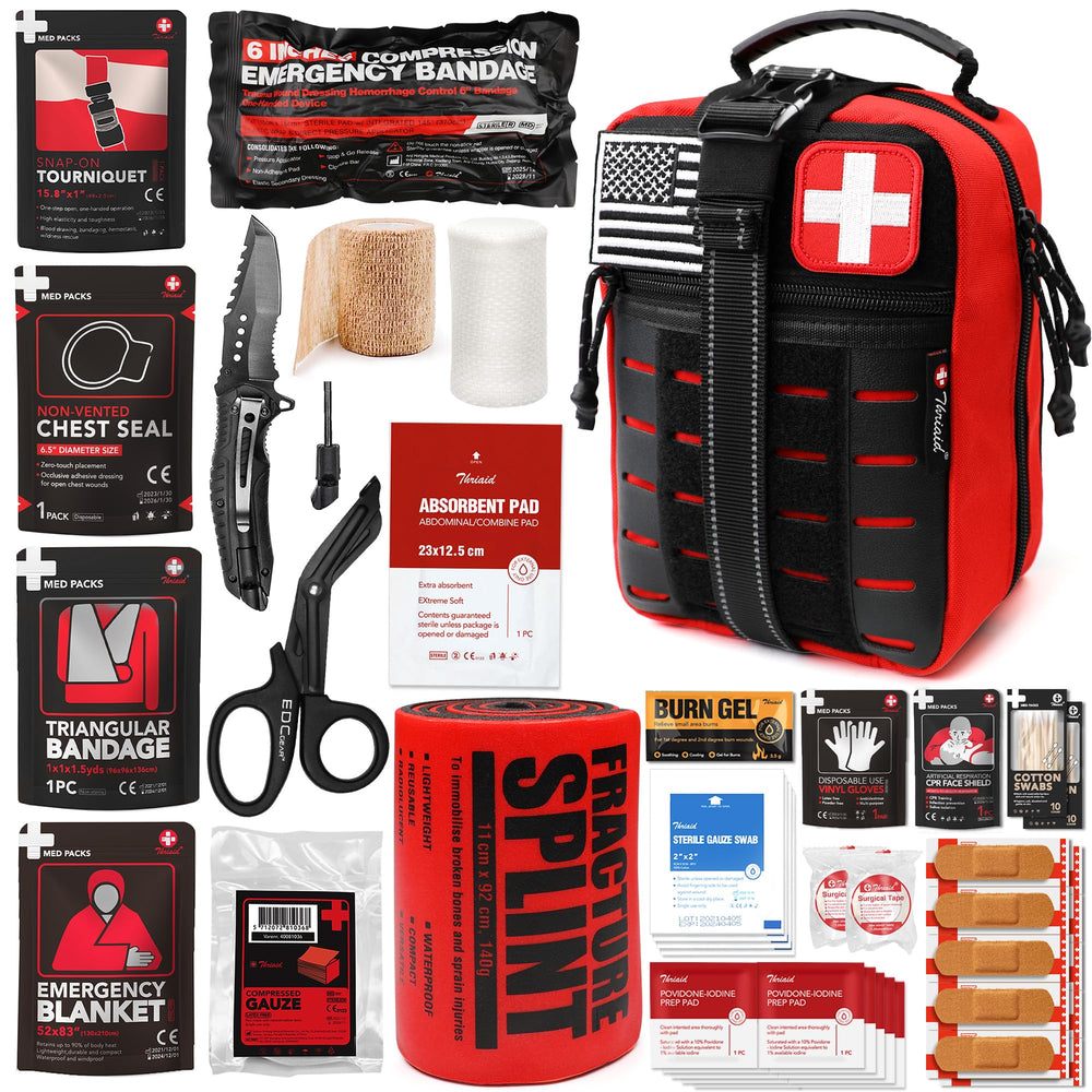THRIAID survival first aid kit open pouch for quick access in outdoor emergencies.